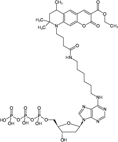 Structural formula of N6-(6-Aminohexyl)-dATP-ATTO-425 (N6-(6-Aminohexyl)-2'-deoxyadenosine-5'-triphosphate, labeled with ATTO 425, Triethylammonium salt)