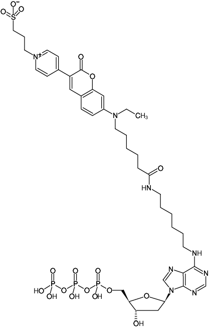Structural formula of N6-(6-Aminohexyl)-dATP-DY-485XL (N6-(6-Aminohexyl)-2'-deoxyadenosine-5'-triphosphate, labeled with DY 485XL, Triethylammonium salt)