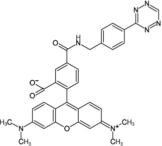 Structural formula of Tetrazine-5-TAMRA (Abs/Em = 545/575 nm, 3-(p-Benzylamino)-1,2,4,5-tetrazine - 5-Carboxytetramethylrhodamine)