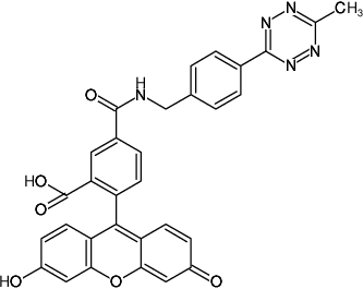 Structural formula of 6-Methyl-Tetrazine-5-FAM (Abs/Em = 492/517 nm, (4-(6-Methyl-1,2,4,5-tetrazin-3-yl)phenyl)methanamine - 5-Fluorescein, Triethylammonium salt )