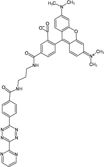 Structural formula of Pyrimidyl-Tetrazine-5-TAMRA (Abs/Em = 545/575 nm, N-(3-Aminopropyl)-4-(6-(pyrimidin-2-yl)-1,2,4,5-tetrazin-3-yl)benzamid - 5-Carboxytetramethylrhodamine)