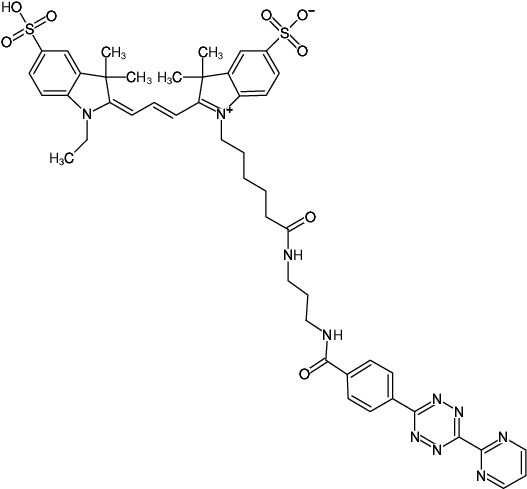 Structural formula of Pyrimidyl-Tetrazine-Cy3 (Abs/Em = 550/570 nm, N-(3-Aminopropyl)-4-(6-(pyrimidin-2-yl)-1,2,4,5-tetrazin-3-yl)benzamid - Cy3)