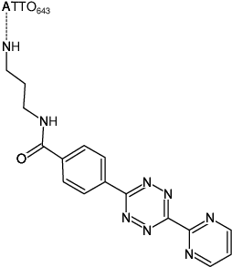 Structural formula of Pyrimidyl-Tetrazine-ATTO-643 (Abs/Em = 643/665 nm, N-(3-Aminopropyl)-4-(6-(pyrimidin-2-yl)-1,2,4,5-tetrazin-3-yl)benzamid - ATTO-643)