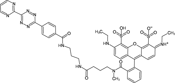 Structural formula of Pyrimidyl-Tetrazine-ATTO-532 (Abs/Em = 532/553 nm, N-(3-Aminopropyl)-4-(6-(pyrimidin-2-yl)-1,2,4,5-tetrazin-3-yl)benzamid - ATTO 532)