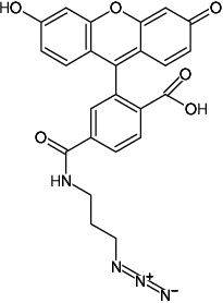 Structural formula of 6-FAM-Azide (Abs/Em = 496/516 nm, N-(3-azidopropyl)-3',6'-dihydroxy-3-oxo-3H-spiro[isobenzofuran-1,9'-xanthene]-6-carboxamide)