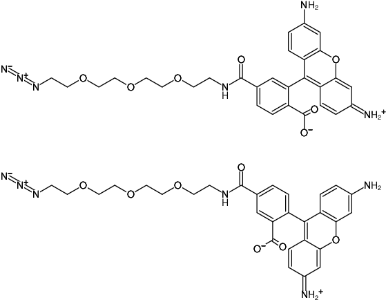 Structural formula of 5/6-Carboxyrhodamine 110-PEG3-Azide (Abs/Em = 501/525 nm)