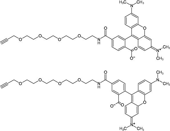Structural formula of 5/6-TAMRA-PEG4-Alkyne (Abs/Em = 546/565 nm)