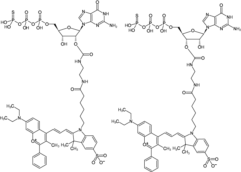 Structural formula of EDA-GTPγS-DYQ-660 (2'/3'-O-(2-Aminoethyl-carbamoyl)-guanosine-5'-(γ-thio)-triphosphate, labeled with DYQ 660, Triethylammonium salt)