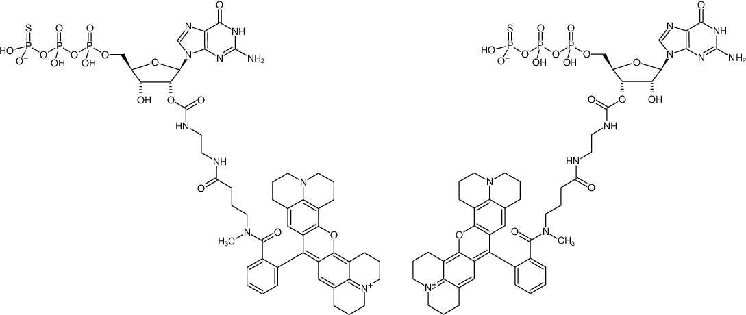 Structural formula of EDA-GTPγS-ATTO-Rho101 (2'/3'-O-(2-Aminoethyl-carbamoyl)-guanosine-5'-(γ-thio)-triphosphate, labeled with ATTO Rho101, Triethylammonium salt)