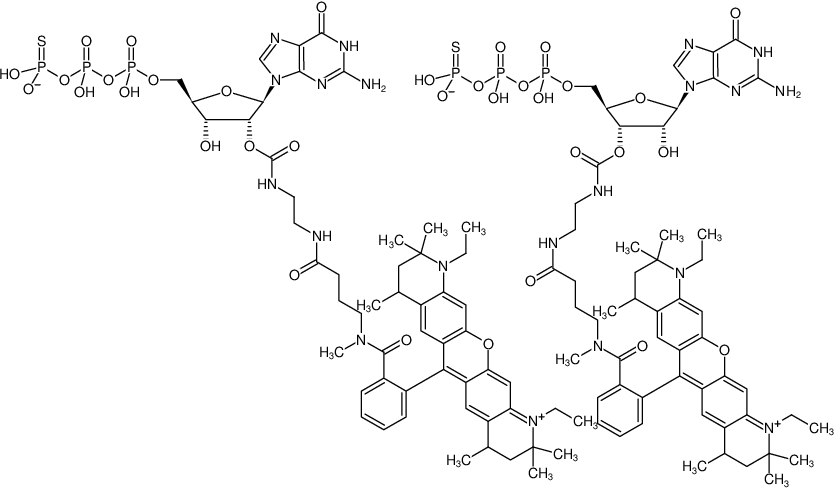 Structural formula of EDA-GTPγS-ATTO-Rho12 (2'/3'-O-(2-Aminoethyl-carbamoyl)-guanosine-5'-(γ-thio)-triphosphate, labeled with ATTO Rho12, Triethylammonium salt)