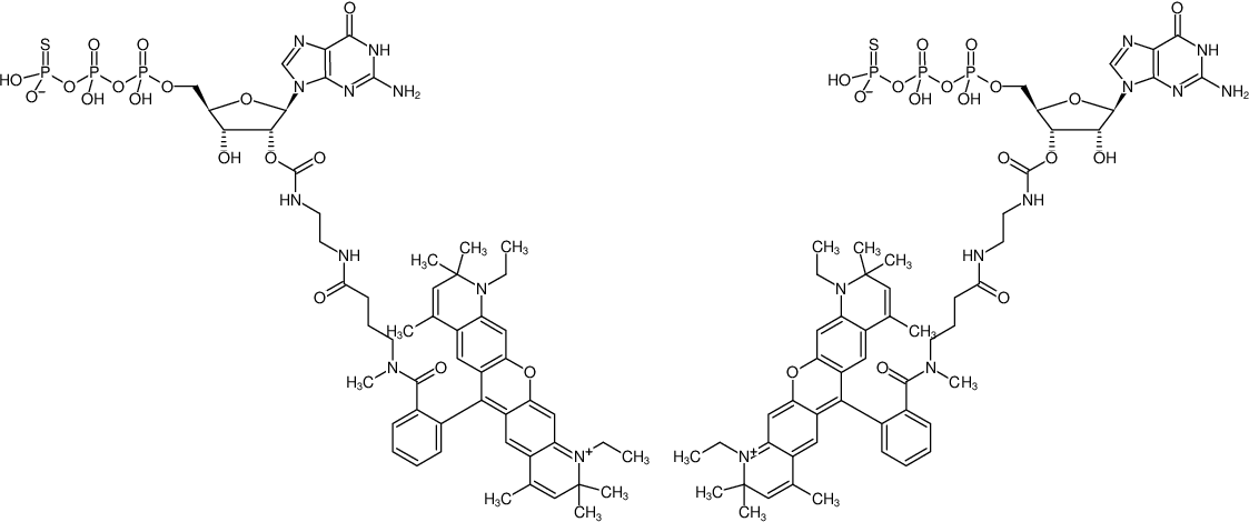 Structural formula of EDA-GTPγS-ATTO-Rho13 (2'/3'-O-(2-Aminoethyl-carbamoyl)-guanosine-5'-(γ-thio)-triphosphate, labeled with ATTO Rho13, Triethylammonium salt)