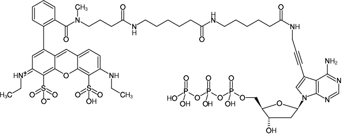Structural formula of 7-Propargylamino-7-deaza-dATP-ATTO-532-XX ((6-amino-hexanoyl-6-aminohexanoyl)-7-Deaza-7-propargylamino-2'-deoxyadenosine-5'-triphosphate, labeled with ATTO 532, Triethylammonium salt)