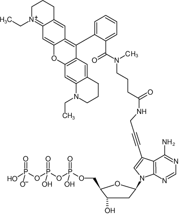 Structural formula of 7-Propargylamino-7-deaza-dATP-ATTO-Rho11 (7-Deaza-7-propargylamino-2'-deoxyadenosine-5'-triphosphate, labeled with ATTO Rho11, Triethylammonium salt)