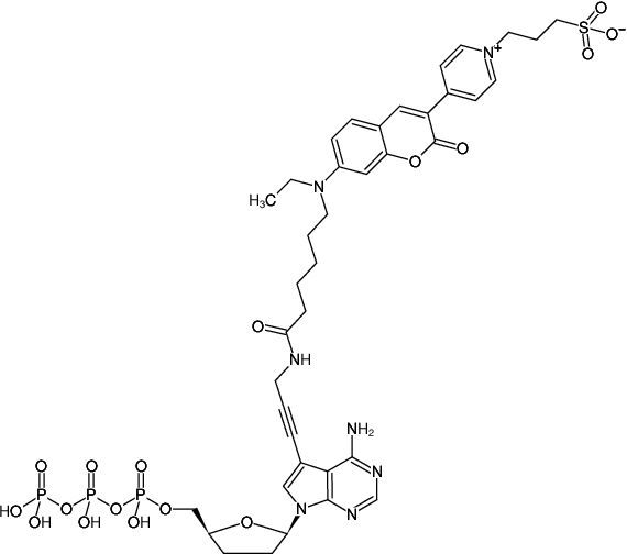 Structural formula of 7-Propargylamino-7-deaza-ddATP-DY-485XL (7-Deaza-7-propargylamino-2',3'-dideoxyadenosine-5'-triphosphate, labeled with DY 485XL, Triethylammonium salt)
