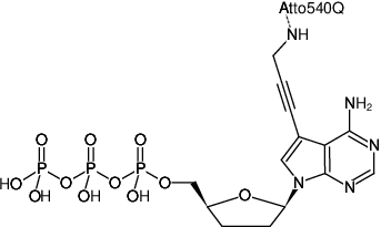 Structural formula of 7-Propargylamino-7-deaza-ddATP-ATTO-540Q (7-Deaza-7-propargylamino-2',3'-dideoxyadenosine-5'-triphosphate, labeled with ATTO 540Q, Triethylammonium salt)