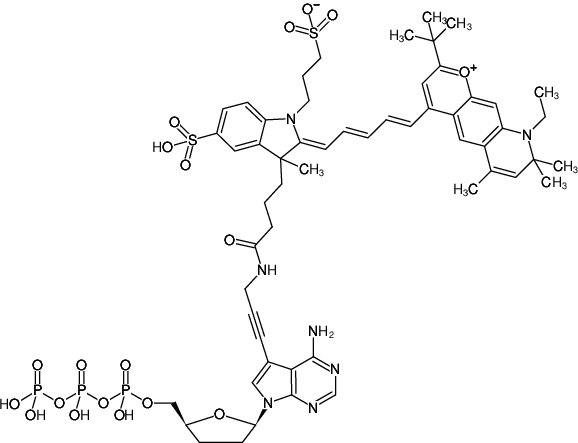 Structural formula of 7-Propargylamino-7-deaza-ddATP-DY-751 (7-Deaza-7-propargylamino-2',3'-dideoxyadenosine-5'-triphosphate, labeled with DY 751, Triethylammonium salt)