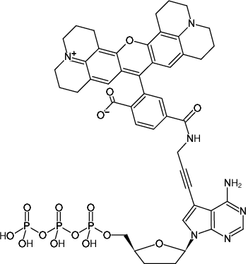 Structural formula of 7-Propargylamino-7-deaza-ddATP-6-ROX (7-Deaza-7-propargylamino-2',3'-dideoxyadenosine-5'-triphosphate, labeled with 6-ROX, Triethylammonium salt)