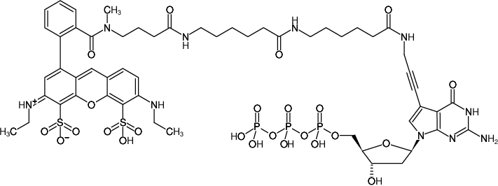 Structural formula of 7-Propargylamino-7-deaza-dGTP-ATTO-532-XX ((6-amino-hexanoyl-6-aminohexanoyl)-7-Deaza-7-propargylamino-2'-deoxyguanosine-5'-triphosphate, labeled with ATTO 532, Triethylammonium salt)
