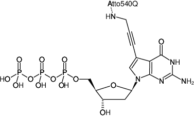 Structural formula of 7-Propargylamino-7-deaza-dGTP-ATTO-540Q (7-Deaza-7-propargylamino-2'-deoxyguanosine-5'-triphosphate, labeled with ATTO 540Q, Triethylammonium salt)