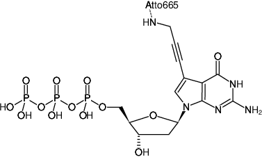 Structural formula of 7-Propargylamino-7-deaza-dGTP-ATTO-665 (7-Deaza-7-propargylamino-2'-deoxyguanosine-5'-triphosphate, labeled with ATTO 665, Triethylammonium salt)