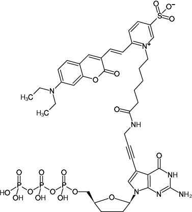 Structural formula of 7-Propargylamino-7-deaza-ddGTP-DY-480XL (7-Deaza-7-propargylamino-2',3'-dideoxyguanosine-5'-triphosphate, labeled with DY 480XL, Triethylammonium salt)