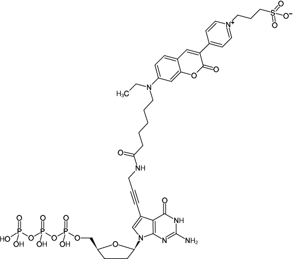 Structural formula of 7-Propargylamino-7-deaza-ddGTP-DY-485XL (7-Deaza-7-propargylamino-2',3'-dideoxyguanosine-5'-triphosphate, labeled with DY 485XL, Triethylammonium salt)