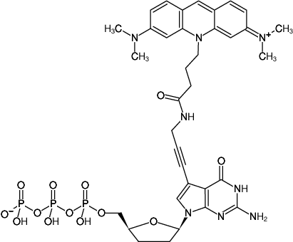 Structural formula of 7-Propargylamino-7-deaza-ddGTP-ATTO-495 (7-Deaza-7-propargylamino-2',3'-dideoxyguanosine-5'-triphosphate, labeled with ATTO 495, Triethylammonium salt)