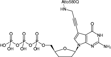 Structural formula of 7-Propargylamino-7-deaza-ddGTP-ATTO-580Q (7-Deaza-7-propargylamino-2',3'-dideoxyguanosine-5'-triphosphate, labeled with ATTO 580Q, Triethylammonium salt)