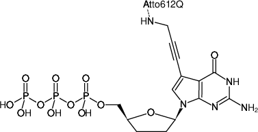 Structural formula of 7-Propargylamino-7-deaza-ddGTP-ATTO-612Q (7-Deaza-7-propargylamino-2',3'-dideoxyguanosine-5'-triphosphate, labeled with ATTO 612Q, Triethylammonium salt)