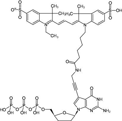 Structural formula of 7-Propargylamino-7-deaza-ddGTP-Cy3 (7-Deaza-7-propargylamino-2',3'-dideoxyguanosine-5'-triphosphate, labeled with Cy3, Triethylammonium salt)