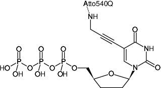 Structural formula of 5-Propargylamino-ddUTP-ATTO-540Q (5-Propargylamino-2',3'-dideoxyuridine-5'-triphosphate, labeled with ATTO 540Q, Triethylammonium salt)