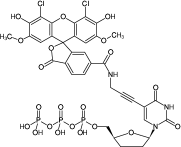 Structural formula of 5-Propargylamino-ddUTP-6-JOE (5-Propargylamino-2',3'-dideoxyuridine-5'-triphosphate, labeled with 6-JOE, Triethylammonium salt)