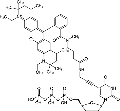 Structural formula of 5-Propargylamino-ddUTP-ATTO-Rho12 (5-Propargylamino-2',3'-dideoxyuridine-5'-triphosphate, labeled with ATTO Rho12, Triethylammonium salt)