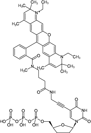 Structural formula of 5-Propargylamino-ddUTP-ATTO-Rho13 (5-Propargylamino-2',3'-dideoxyuridine-5'-triphosphate, labeled with ATTO Rho13, Triethylammonium salt)
