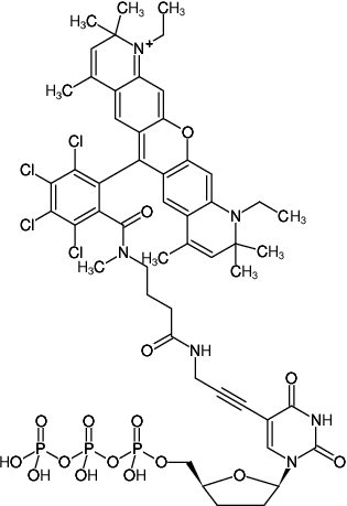 Structural formula of 5-Propargylamino-ddUTP-ATTO-Rho14 (5-Propargylamino-2',3'-dideoxyuridine-5'-triphosphate, labeled with ATTO Rho14, Triethylammonium salt)