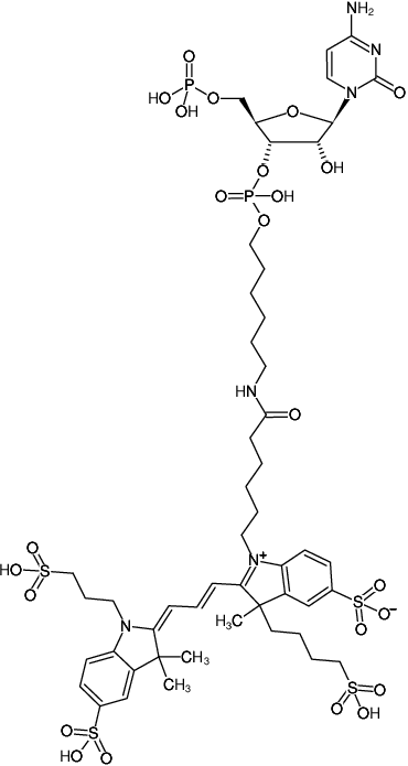 Structural formula of pCp-AF555 (Cytidine-5'-phosphate-3'-(6-aminohexyl)phosphate, labeled with AF555, Triethylammonium salt)