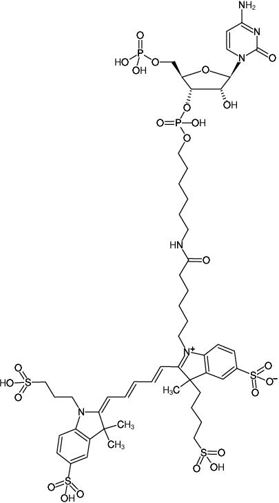 Structural formula of pCp-AF647 (Cytidine-5'-phosphate-3'-(6-aminohexyl)phosphate, labeled with AF647, Triethylammonium salt)