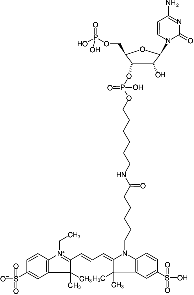 Structural formula of pCp-Cy3 (Cytidine-5'-phosphate-3'-(6-aminohexyl)phosphate, labeled with Cy3, Triethylammonium salt)