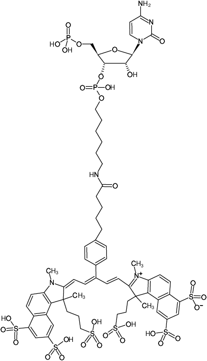 Structural formula of pCp-IR680LT (Cytidine-5'-phosphate-3'-(6-aminohexyl)phosphate, labeled with IR680LT, Triethylammonium salt)