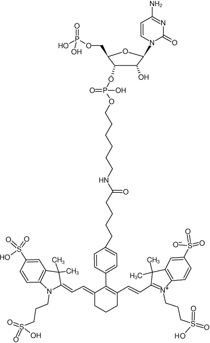 Structural formula of pCp-IR750 (Cytidine-5'-phosphate-3'-(6-aminohexyl)phosphate, labeled with IR750 Triethylammonium salt)