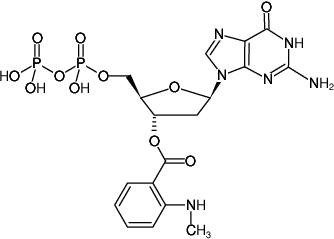 Structural formula of Mant-dGDP (3'-O-(N-Methyl-anthraniloyl)-2'-deoxyguanosine-5'-diphosphate, Triethylammonium salt)