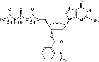 Structural formula of Mant-dGppNHp ((Mant-dGMPPNP), 3'-O-(N-Methyl-anthraniloyl)-2'-deoxyguanosine-5'- [(β,γ)-imido]triphosphate, Triethylammonium salt)