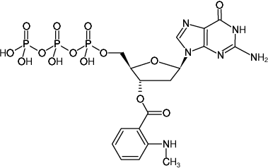 Structural formula of Mant-dGTP (3'-O-(N-Methyl-anthraniloyl)-2'-deoxyguanosine-5'-triphosphate, Triethylammonium salt)