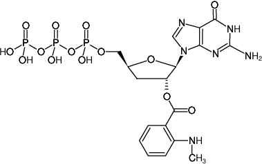 Structural formula of 2'-Mant-3'-dGTP (2'-O-(N-Methyl-anthraniloyl)-3'-deoxyguanosine-5'-triphosphate, Triethylammonium salt)