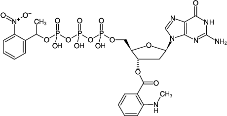 Structural formula of NPE-caged-Mant-dGTP (3'-O-(N-Methyl-anthraniloyl)-2'-deoxyguanosine-5'-triphosphate, P3-(1-(2-nitro-phenyl)-ethyl)-ester, Triethylammonium salt)
