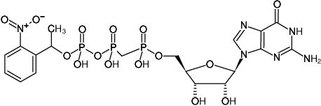 Structural formula of NPE-caged-GpCpp ((NPE-caged-GMPCPP), Guanosine-5'-[(α,β)-methyleno]triphosphate, P3-(1-(2-nitrophenyl)-ethyl)-ester, Triethylammonium salt)
