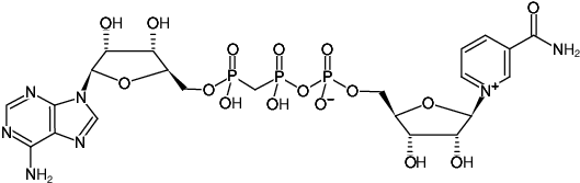 Structural formula of ApCpp(Nic) (P1-(5'-Adenosyl) P3-[5'-(1-β D-ribofuranosyl-nicotinamide)] [(α,β)-methyleno]triphosphate, Sodium salt)