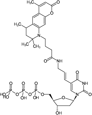 Structural formula of Aminoallyl-dUTP-ATTO-390 (5-(3-Aminoallyl)-2'-deoxyuridine-5'-triphosphate, labeled with ATTO 390, Triethylammonium salt)