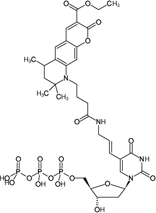 Structural formula of Aminoallyl-dUTP-ATTO-425 (5-(3-Aminoallyl)-2'-deoxyuridine-5'-triphosphate, labeled with ATTO 425, Triethylammonium salt)