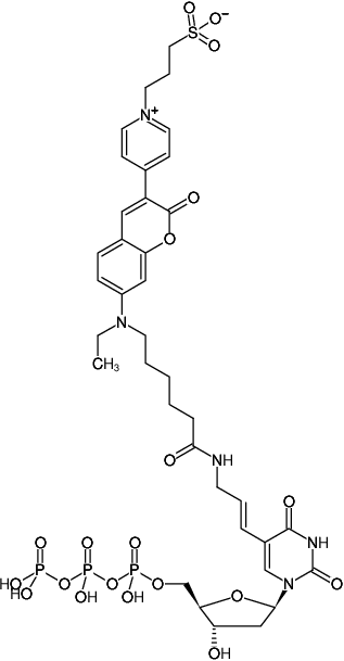 Structural formula of Aminoallyl-dUTP-DY-485XL (5-(3-Aminoallyl)-2'-deoxyuridine-5'-triphosphate, labeled with DY 485XL, Triethylammonium salt)